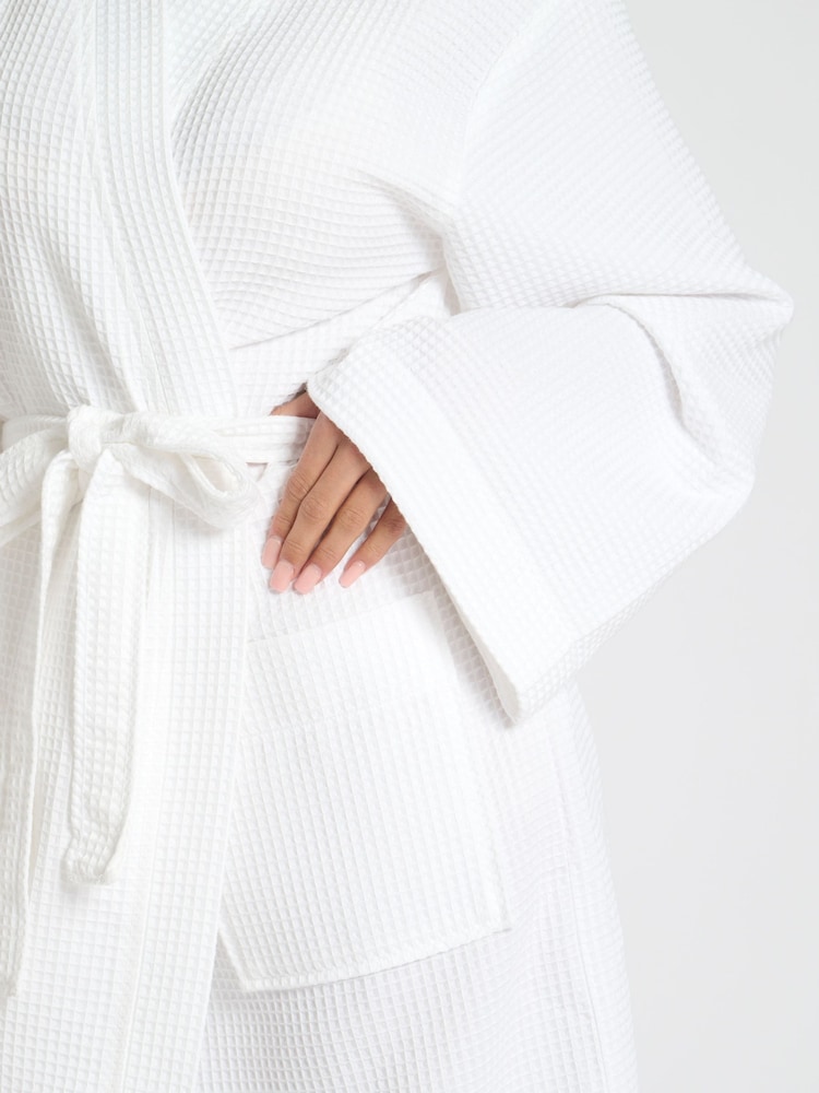 Loungeable White Maxi Length Waffle Kimono 100% Cotton Robe - Image 3 of 5