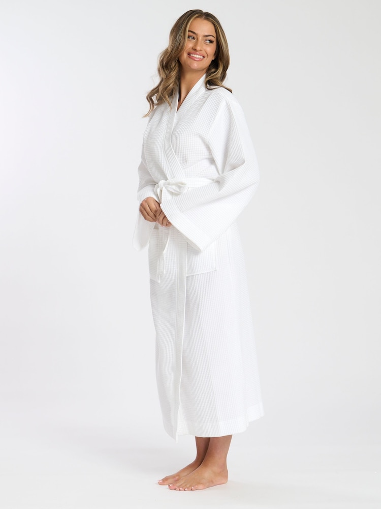 Loungeable White Maxi Length Waffle Kimono 100% Cotton Robe - Image 4 of 5