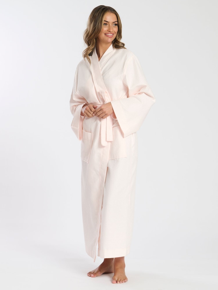 Loungeable Pink Maxi Length Waffle Kimono 100% Cotton Robe - Image 1 of 5