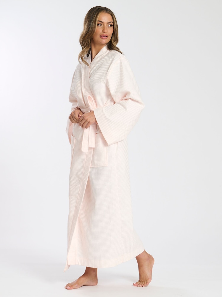 Loungeable Pink Maxi Length Waffle Kimono 100% Cotton Robe - Image 4 of 5