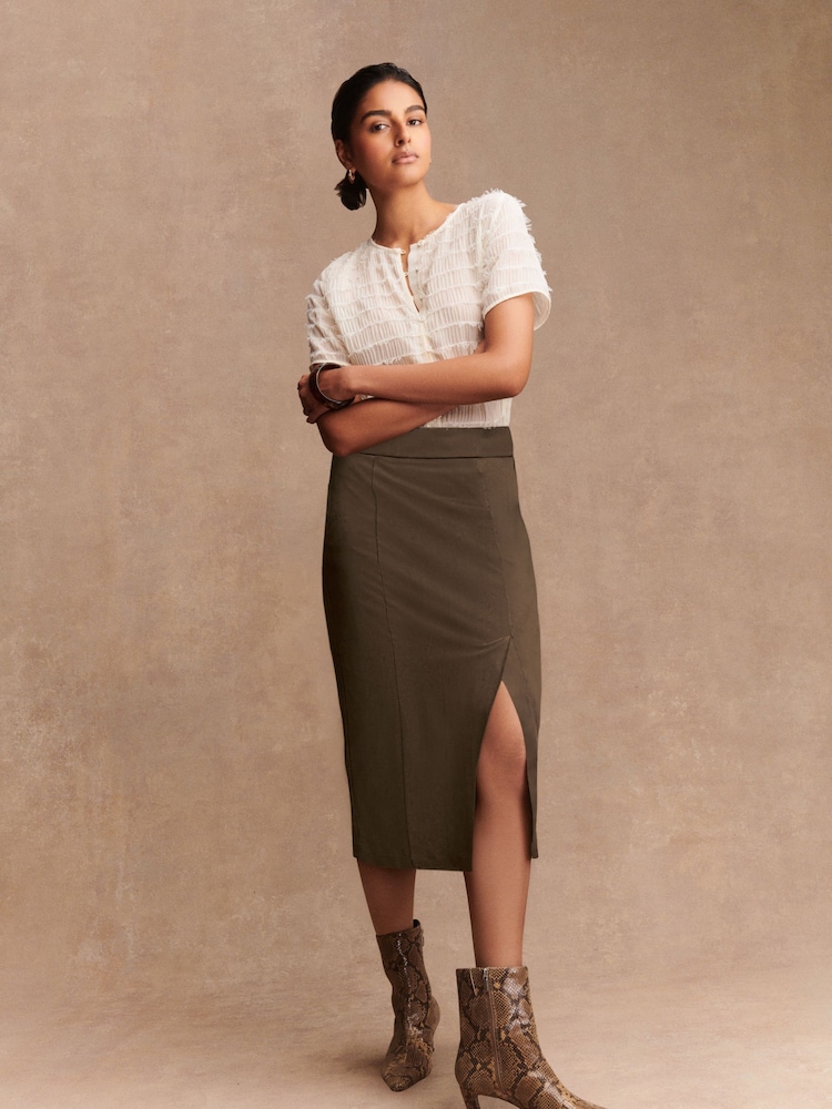 Khaki Green Suedette Pencil Skirt - Image 1 of 7