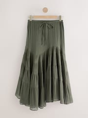 Khaki Green Boho Tiered Midi Skirt - Image 1 of 3
