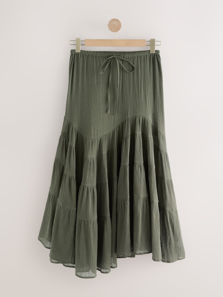 Khaki Green Boho Tiered Midi Skirt - Image 1 of 3