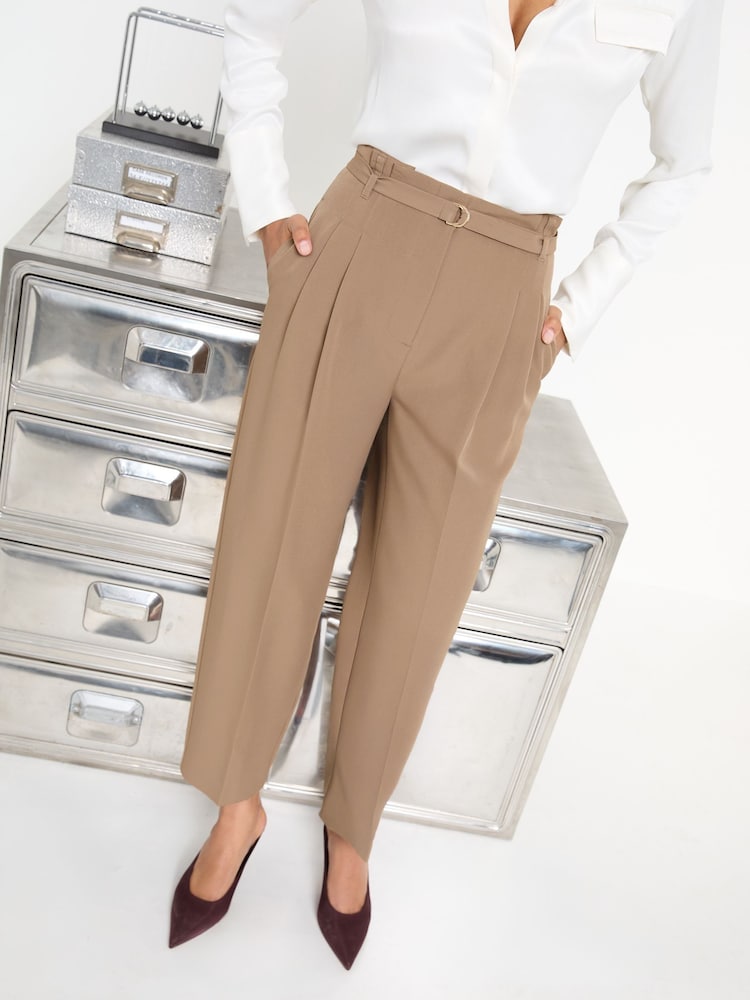 Friends Like These Neutral Tapered Belted Tailored Trousers - Image 1 of 4 Friends Like These Neutral Tapered Belted Tailored Trousers - Image 1 of 4