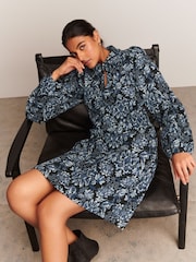 Navy Blue Floral Jersey Jacquard Long-Sleeve Mini Shirt Dress - Image 1 of 7