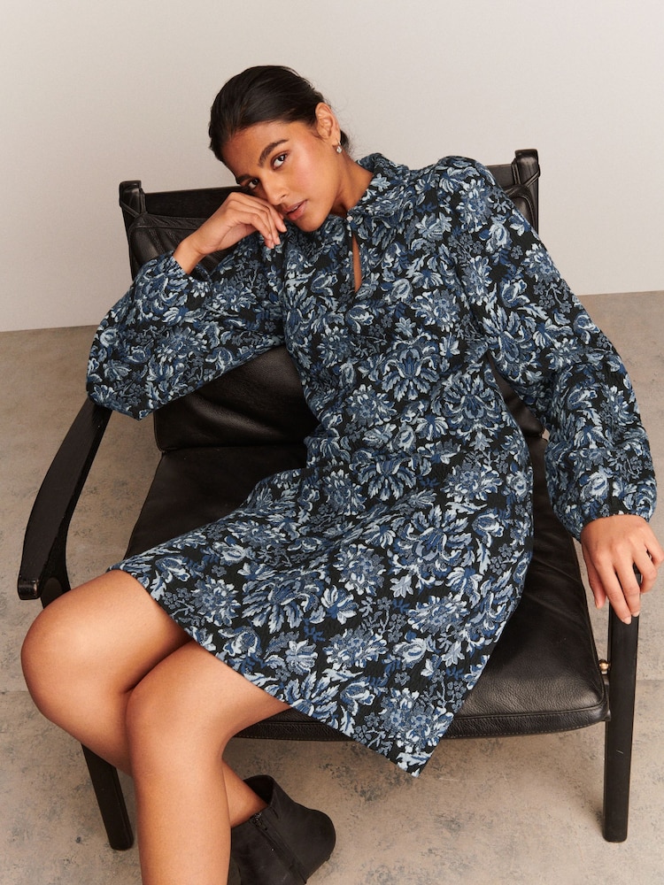 Navy Blue Floral Jersey Jacquard Long-Sleeve Mini Shirt Dress - Image 1 of 7