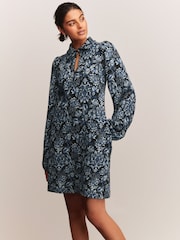 Navy Blue Floral Jersey Jacquard Long-Sleeve Mini Shirt Dress - Image 2 of 7
