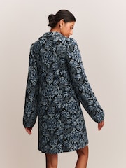 Navy Blue Floral Jersey Jacquard Long-Sleeve Mini Shirt Dress - Image 3 of 7