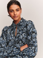 Navy Blue Floral Jersey Jacquard Long-Sleeve Mini Shirt Dress - Image 4 of 7