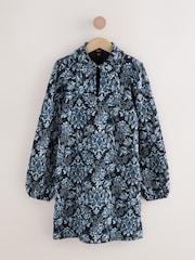 Navy Blue Floral Jersey Jacquard Long-Sleeve Mini Shirt Dress - Image 5 of 7