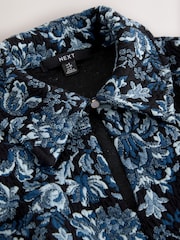 Navy Blue Floral Jersey Jacquard Long-Sleeve Mini Shirt Dress - Image 6 of 7