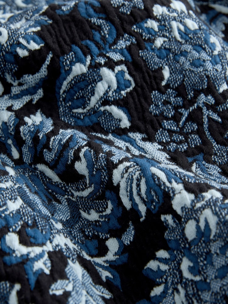 Navy Blue Floral Jersey Jacquard Long-Sleeve Mini Shirt Dress - Image 7 of 7