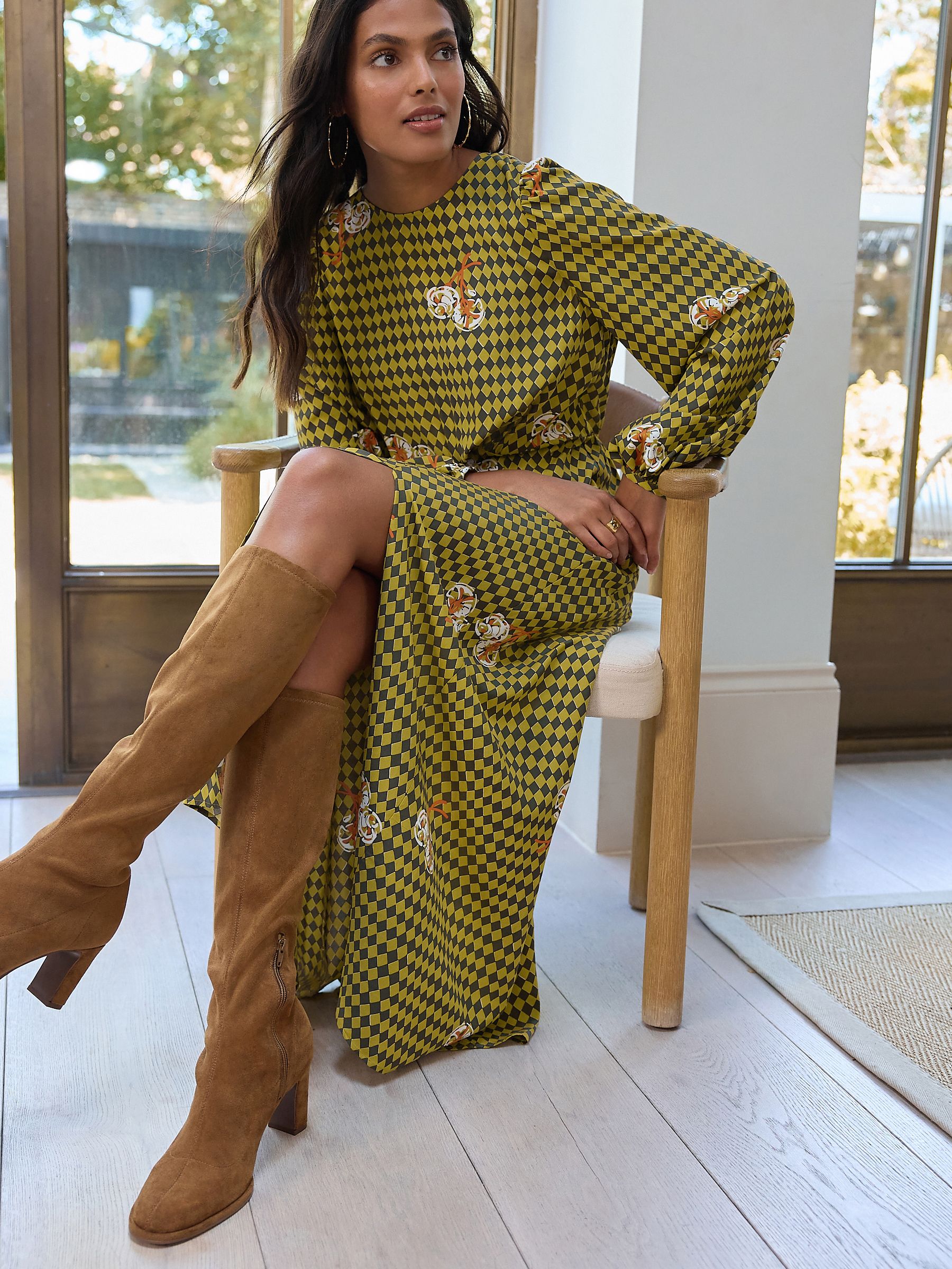 Buy Ochre Yellow Check Long Sleeve Midi Dress from Next Luxembourg