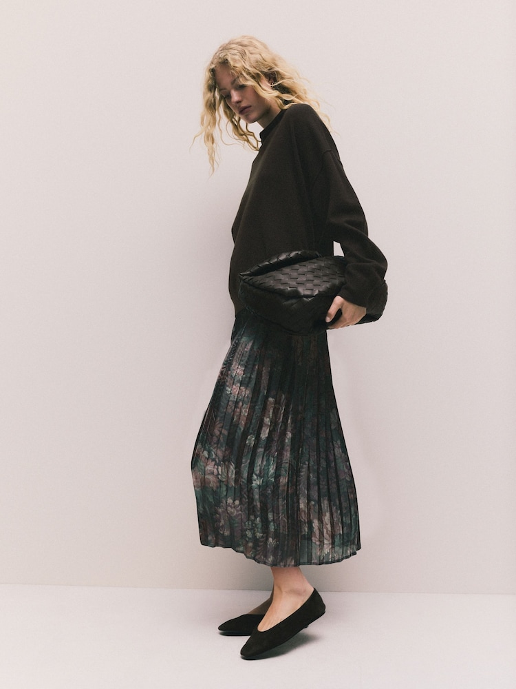 Chocolate Brown Floral 2-In-1 Knitted Jumper with Pleated Midi Skirt - Image 1 of 11 Chocolate Brown Floral 2-In-1 Knitted Jumper with Pleated Midi Skirt - Image 1 of 11