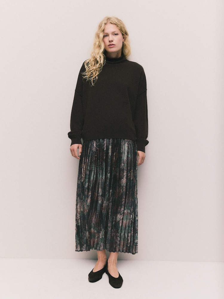 Chocolate Brown Floral 2-In-1 Knitted Jumper with Pleated Midi Skirt - Image 2 of 11 Chocolate Brown Floral 2-In-1 Knitted Jumper with Pleated Midi Skirt - Image 2 of 11