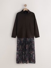 Chocolate Brown Floral 2-In-1 Knitted Jumper with Pleated Midi Skirt - Image 9 of 11