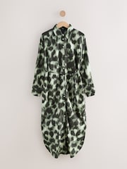 Khaki Green Leopard Print - Long Sleeve Tie Waist Shirt Dress - Imagem 1 de 3
