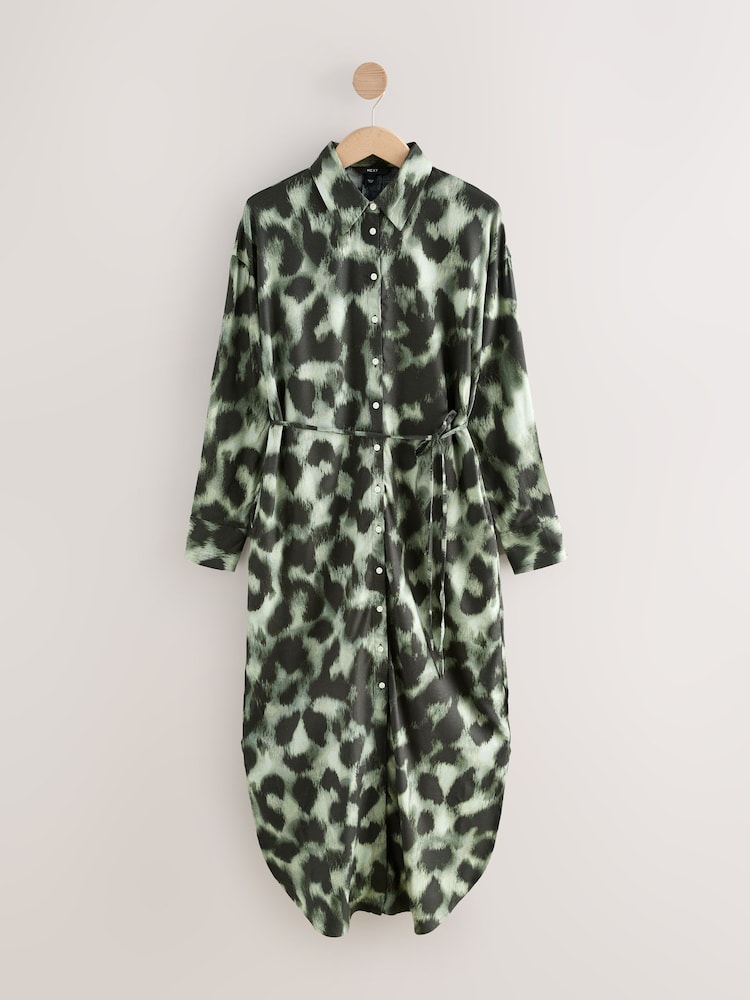 Khaki Green Leopard Print - Long Sleeve Tie Waist Shirt Dress - Imagem 1 de 3