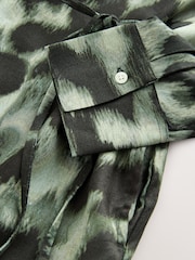 Khaki Green Leopard Print - Long Sleeve Tie Waist Shirt Dress - Imagem 3 de 3