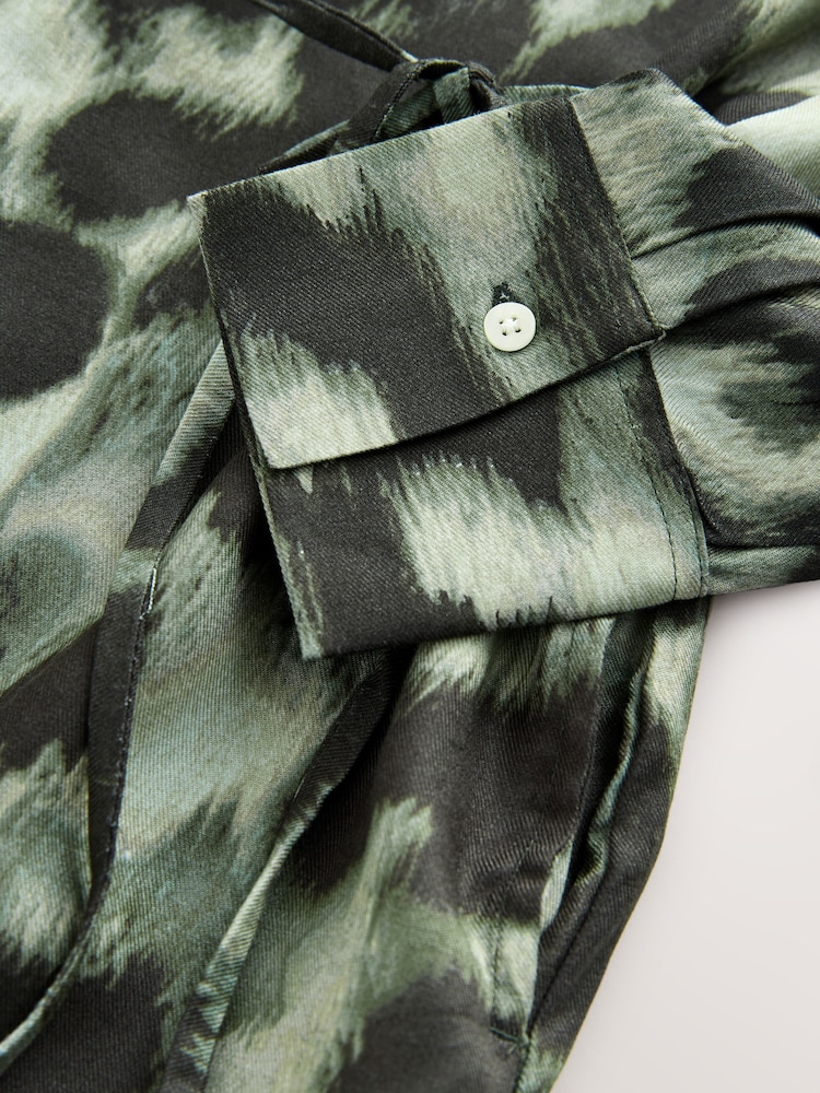 Khaki Green Leopard Print - Long Sleeve Tie Waist Shirt Dress - Imagem 3 de 3