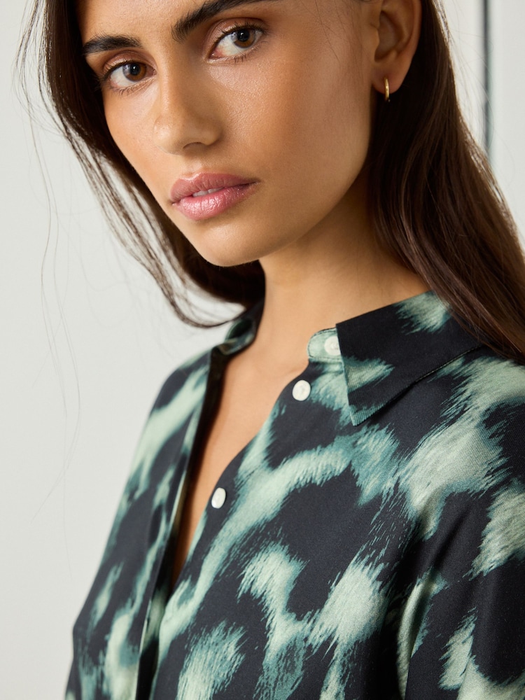 Buy Black/Green Animal Print Long Sleeve Tie Waist Shirt Dress from Next USA