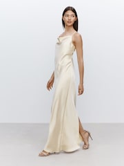 Champagne Gold Bridesmaid Satin Cowl Neck V-Back Maxi Dress - Image 1 of 6
