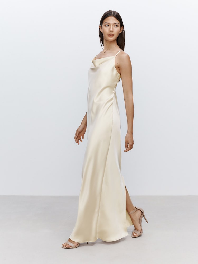 Champagne Gold Bridesmaid Satin Cowl Neck V-Back Maxi Dress - Image 1 of 6
