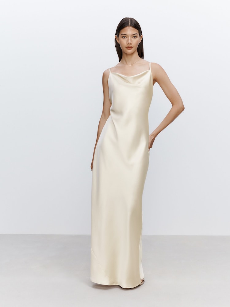 Champagne Gold Bridesmaid Satin Cowl Neck V-Back Maxi Dress - Image 2 of 6