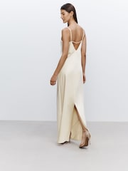 Champagne Gold Bridesmaid Satin Cowl Neck V-Back Maxi Dress - Image 3 of 6