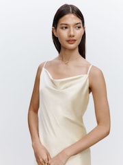 Champagne Gold Bridesmaid Satin Cowl Neck V-Back Maxi Dress - Image 4 of 6