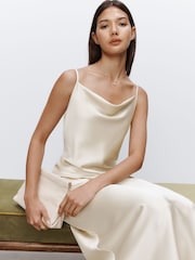 Champagne Gold Bridesmaid Satin Cowl Neck V-Back Maxi Dress - Image 5 of 6