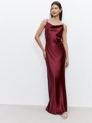 Burgundy Red Bridesmaid Satin Cowl Neck V-Back Maxi Dress - Image 1 of 5