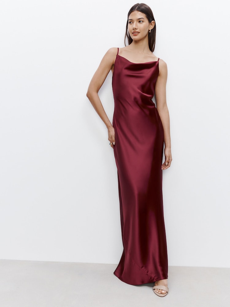 Burgundy Red Bridesmaid Satin Cowl Neck V-Back Maxi Dress - Image 1 of 5