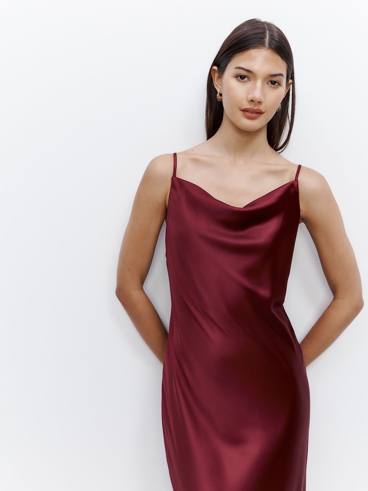 Burgundy Red Bridesmaid Satin Cowl Neck V-Back Maxi Dress - Image 3 of 5