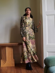 Estampa de patchwork floral preto e rosa - Vestido Midi de manga comprida - Imagem 1 de 7