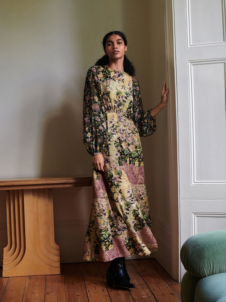 Estampa de patchwork floral preto e rosa - Vestido Midi de manga comprida - Imagem 1 de 7