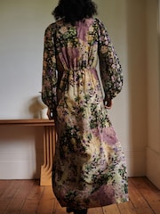 Estampa de patchwork floral preto e rosa - Vestido Midi de manga comprida - Imagem 3 de 7
