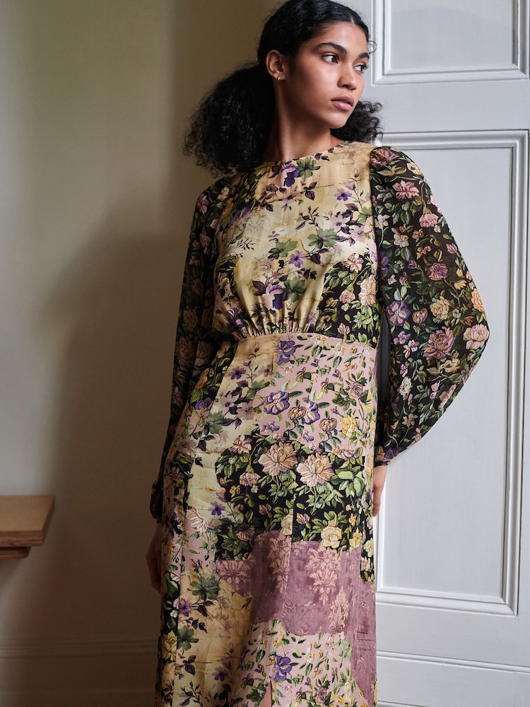 chinese dress ladies Floral Microprint Long Sleeve Midi Dress M / Black main image 0