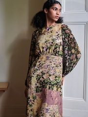 Estampa de patchwork floral preto e rosa - Vestido Midi de manga comprida - Imagem 4 de 7
