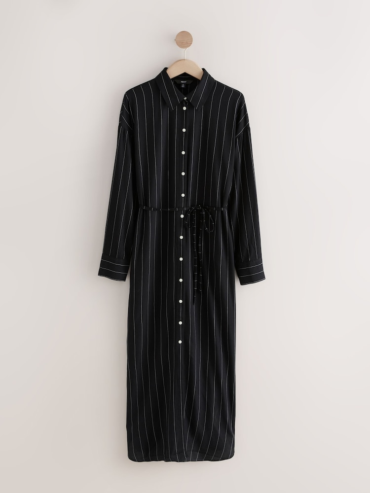 Black & White Pinstripe - Long Sleeve Tie Waist Shirt Dress - Imagem 1 de 3