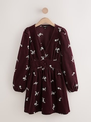 Borgonha Vermelho/Branco Floral - Vestido mini de manga comprida com cordão - Imagem 1 de 3