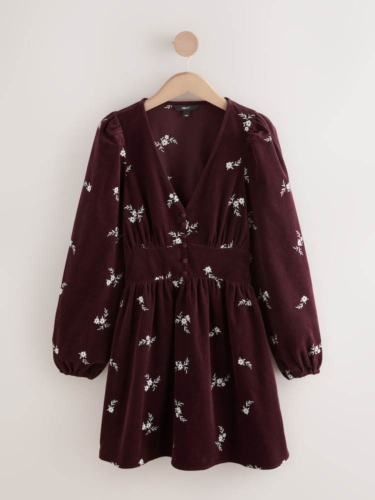 Borgonha Vermelho/Branco Floral - Vestido mini de manga comprida com cordão - Imagem 1 de 3