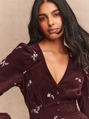 Burgundy Red/White Floral Mini Cord Long Sleeve Dress - Image 4 of 7