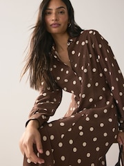 Choclate Brown & White Spot Long Sleeve Midi Shirt Dress - Image 1 of 9