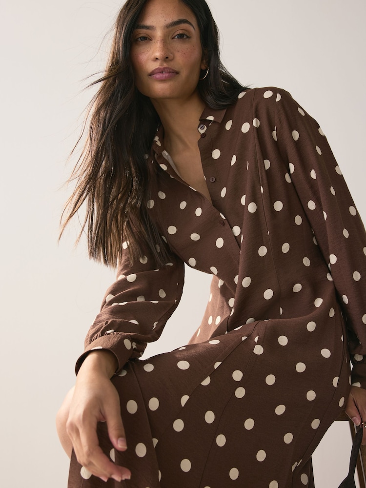 Choclate Brown & White Spot Long Sleeve Midi Shirt Dress - Image 1 of 9 Choclate Brown & White Spot Long Sleeve Midi Shirt Dress - Image 1 of 9