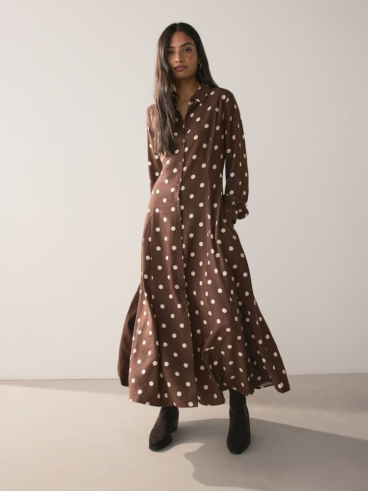 Choclate Brown & White Spot Long Sleeve Midi Shirt Dress - Image 2 of 9 Choclate Brown & White Spot Long Sleeve Midi Shirt Dress - Image 2 of 9