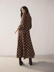 Choclate Brown & White Spot Long Sleeve Midi Shirt Dress - Image 3 of 9