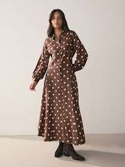Choclate Brown & White Spot Long Sleeve Midi Shirt Dress - Image 4 of 9