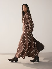Choclate Brown & White Spot Long Sleeve Midi Shirt Dress - Image 5 of 9