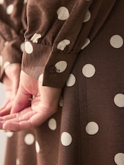 Choclate Brown & White Spot Long Sleeve Midi Shirt Dress - Image 6 of 9